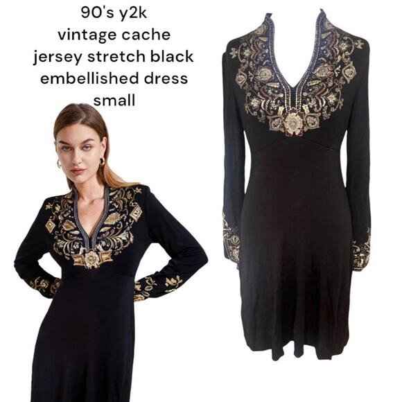 Cache Dresses & Skirts - vintage 90's y2k‎ cache Black beaded embroidered long sleeve dress SMALL